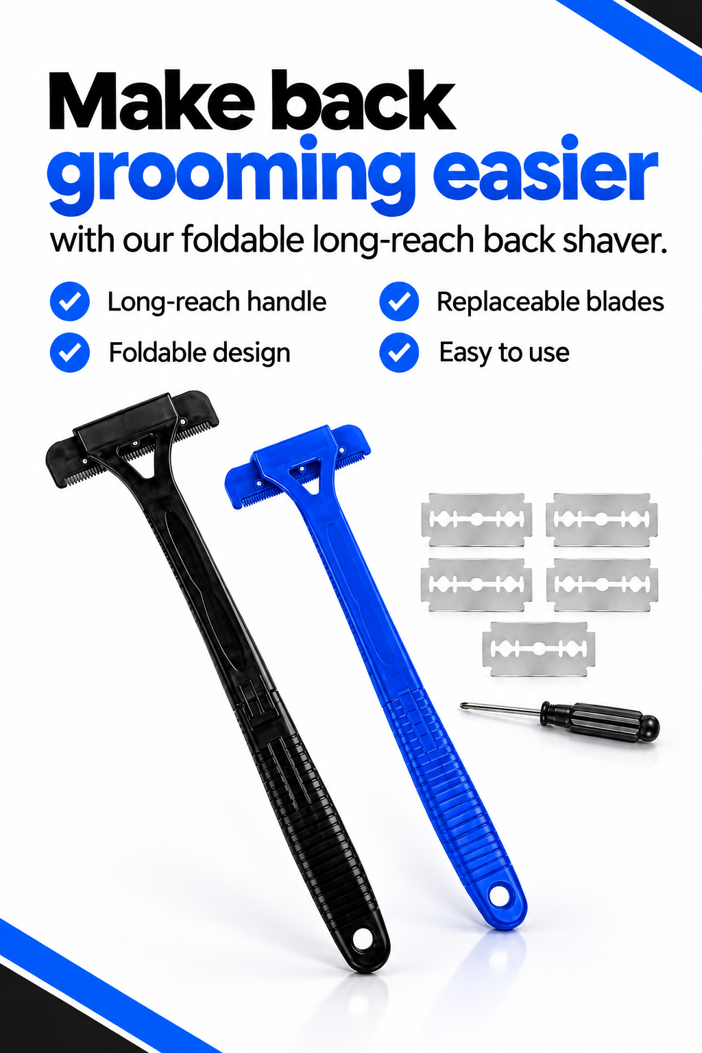 Blue and black foldable long-reach back shavers with five replacement blades, highlighting long-reach handle, foldable design, replaceable blades and easy use.